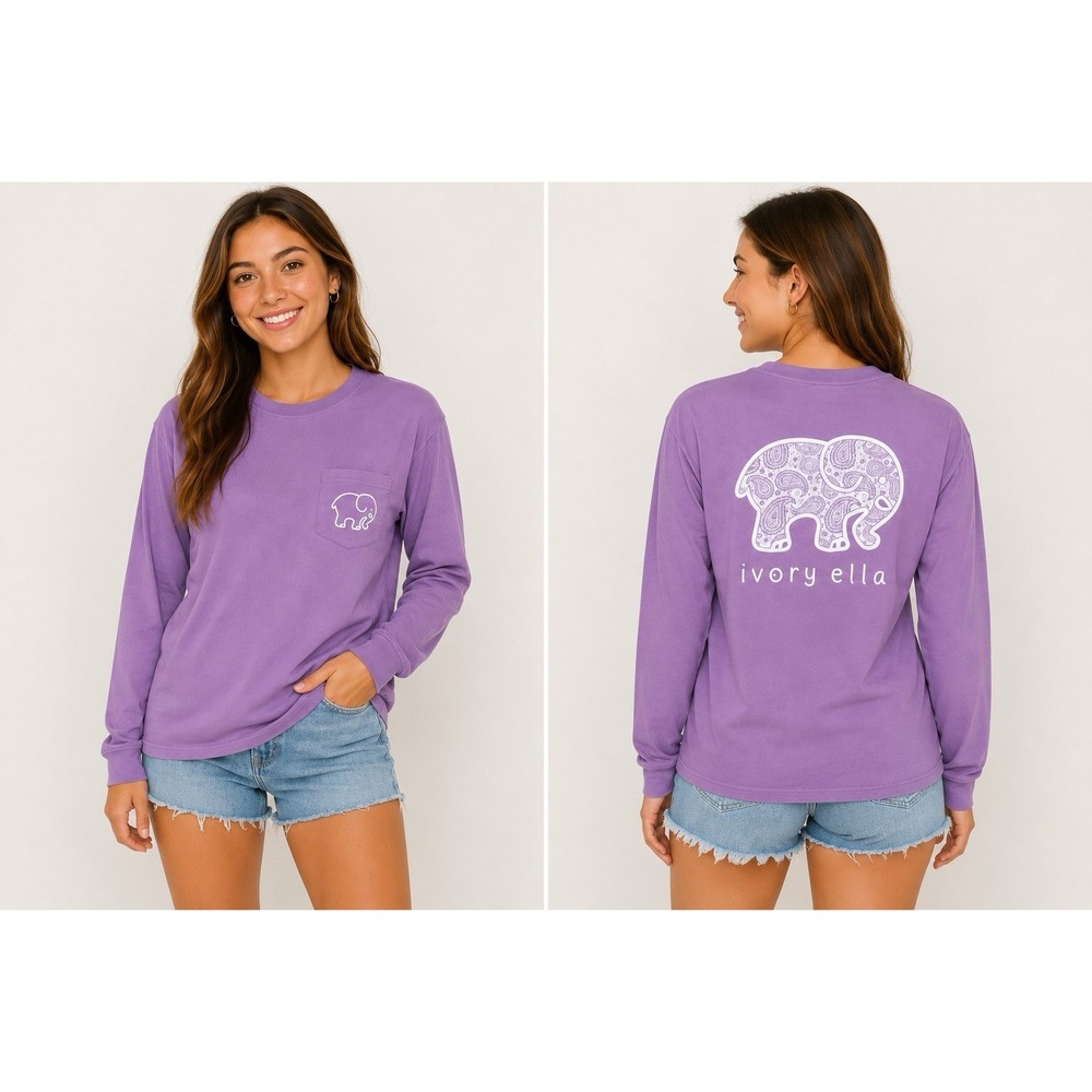 Ivory Ella Floral Elephant Long Sleeve Tee XS Purple Graphic Pocket Shirt Top